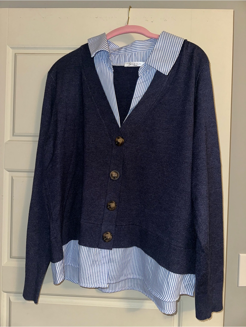 Women’s Navy V-Neck Button Sweater with Contrast Shirt Detail